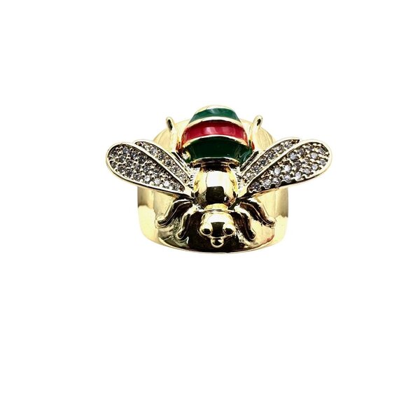 Womens Bee Ring Clear Crystals Red Green Black Enamel Gold Plated Adjustable - Picture 2 of 6